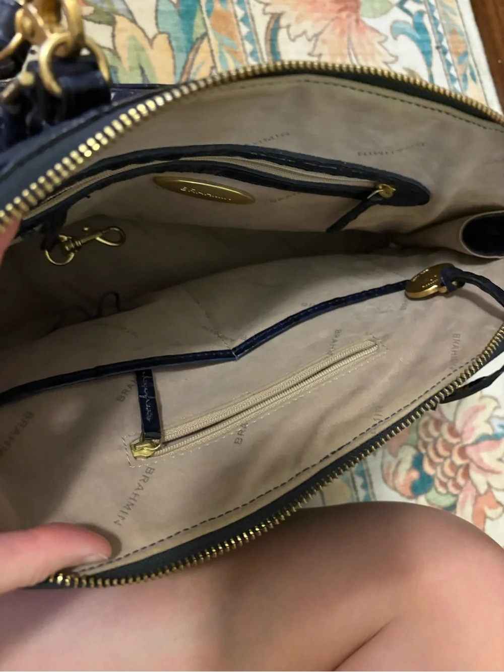 Brahmin Navy Croc-Embossed Satchel with Gold Hardware